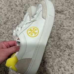 Tory Burch White and Yellow Logo Sneakers